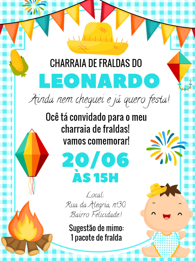 Convite Charraiá de Fraldas Festa Junina para Editar Online Convite Charraiá de Fraldas Festa Junina para Editar Online