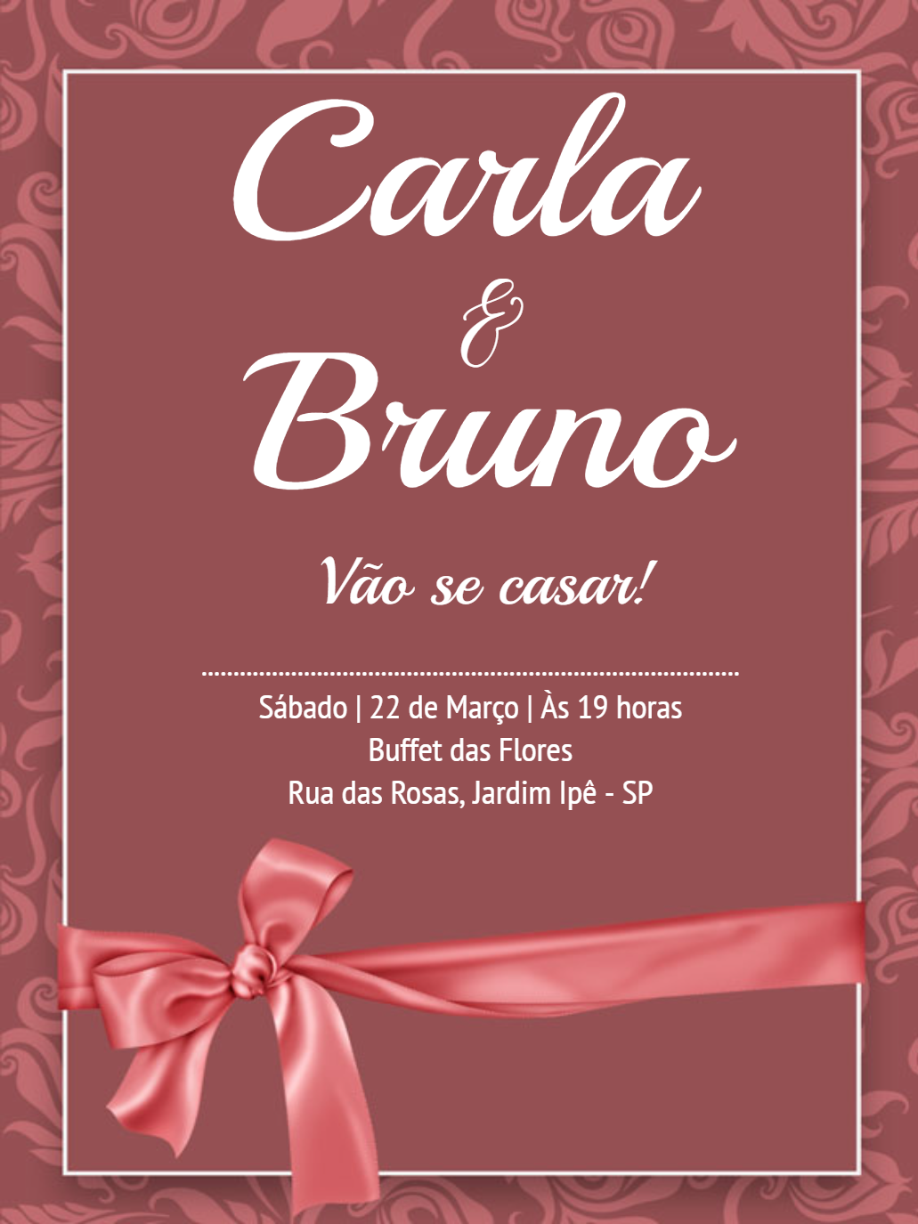 Convite de Casamento Rosa com Laço Elegante para Editar Online Convite de Casamento Rosa com Laço Elegante para Editar Online