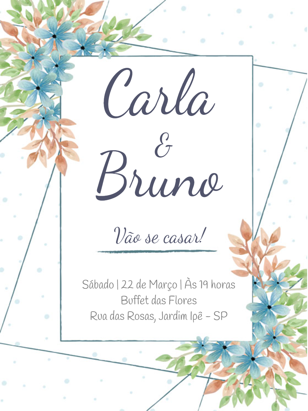 Convite de Casamento Floral Azul para Editar Online