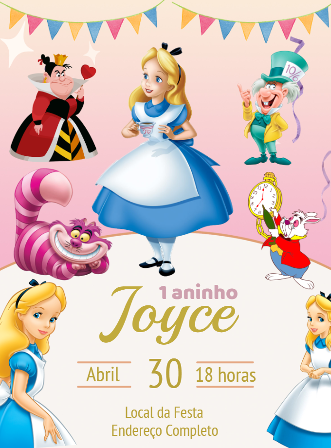 Convite de Aniversário Alice no País das Maravilhas Editável Online Convite de Aniversário Alice no País das Maravilhas Editável Online