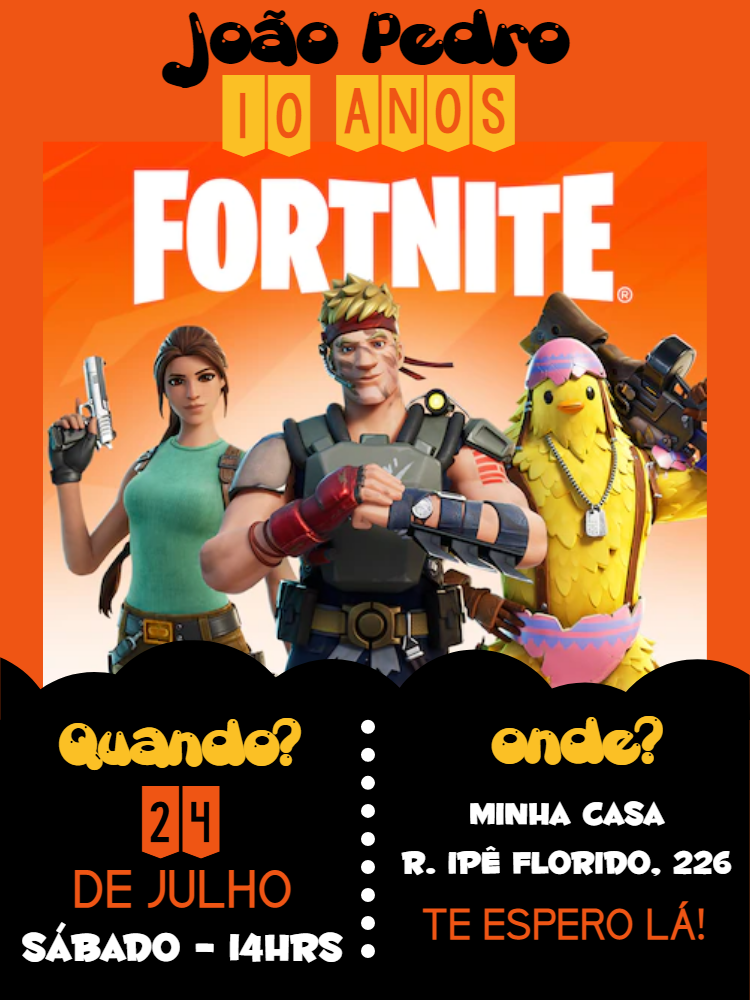 Convite de Aniversário Fortnite com Personagens para Editar Convite de Aniversário Fortnite com Personagens para Editar