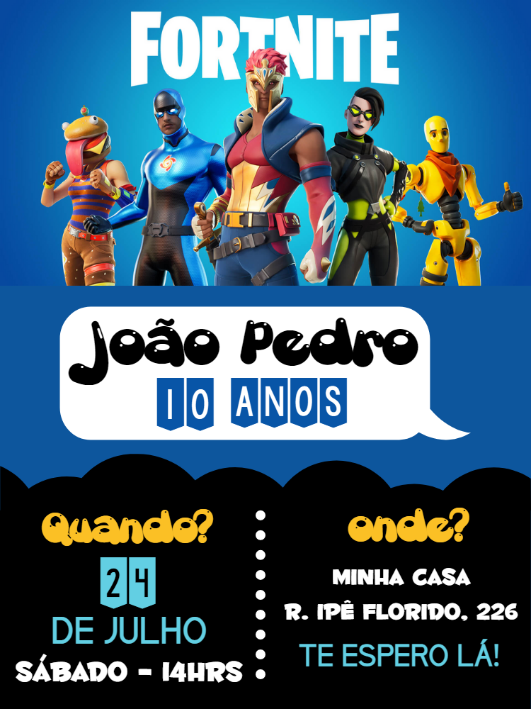 Convite de Aniversário Fortnite com Personagens para Editar Convite de Aniversário Fortnite com Personagens para Editar