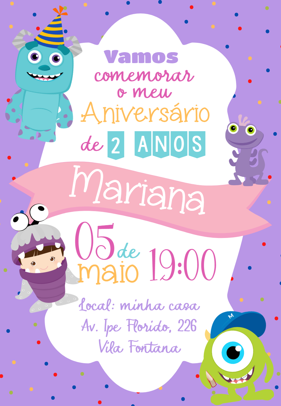 Convite Aniversário Monstros S.A. com Boo para Editar Online Convite Aniversário Monstros S.A. com Boo para Editar Online