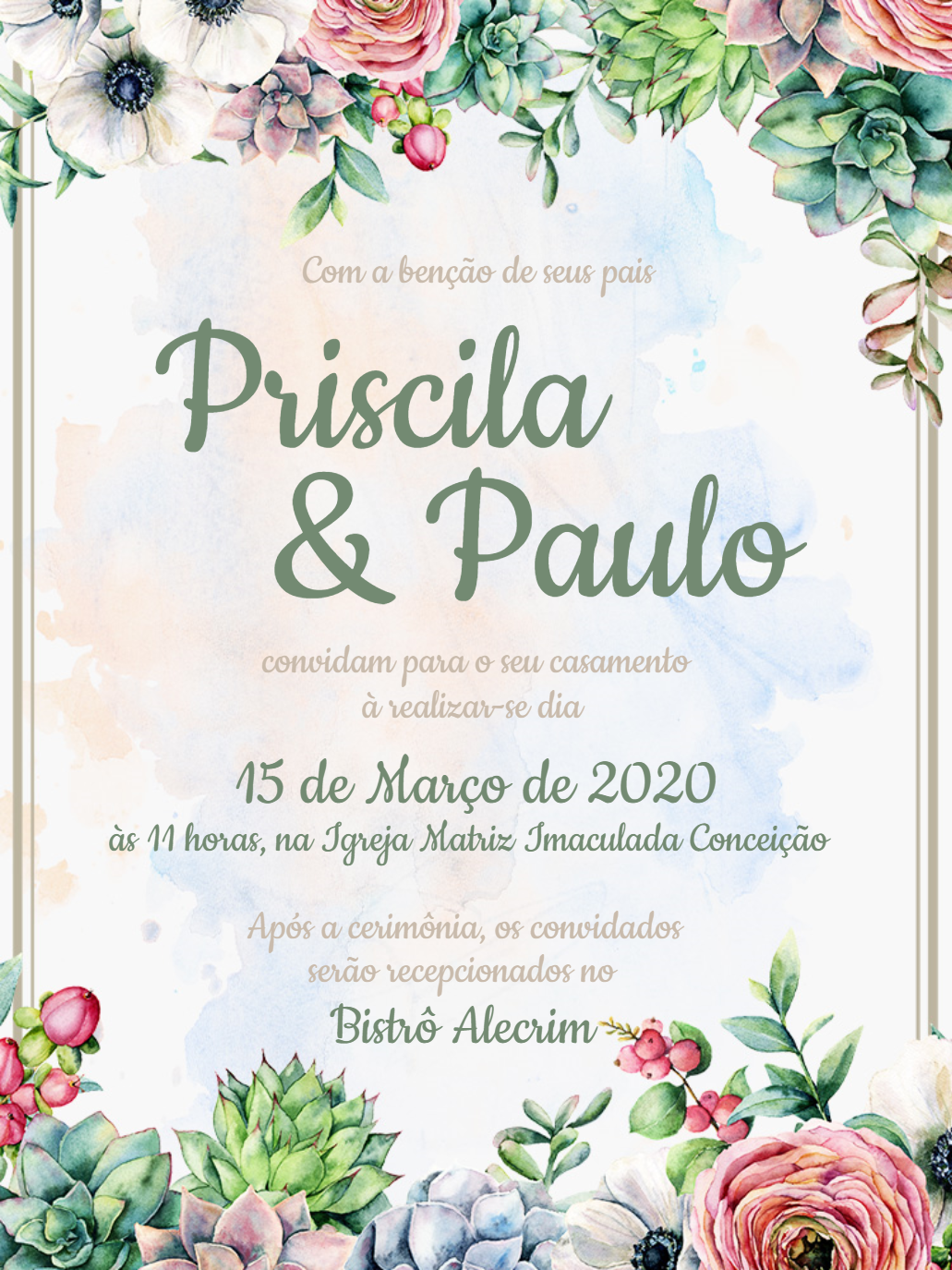 Convite de Casamento Floral com Suculentas para Editar Convite de Casamento Floral com Suculentas para Editar