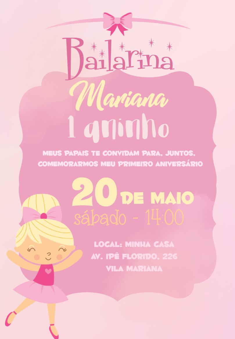 Convite Aniversário Bailarina Delicada para Editar Online Convite Aniversário Bailarina Delicada para Editar Online