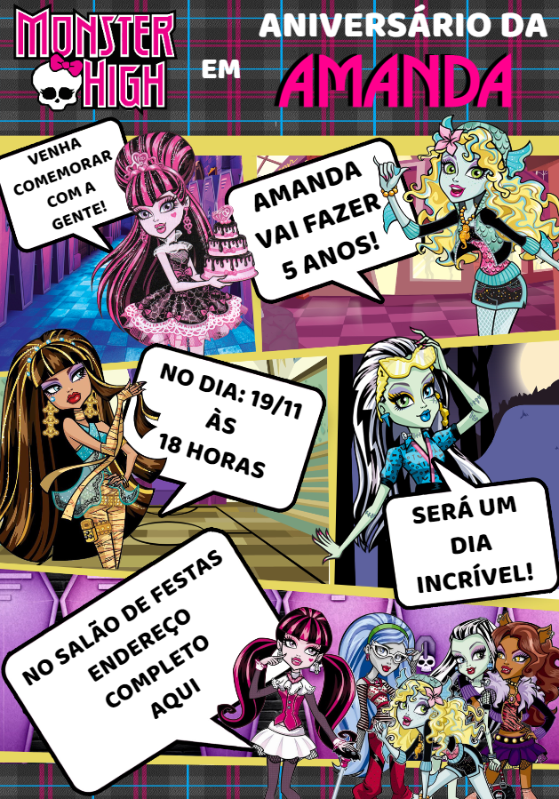 Convite de Aniversário Monster High com Personagens para Editar Convite de Aniversário Monster High com Personagens para Editar