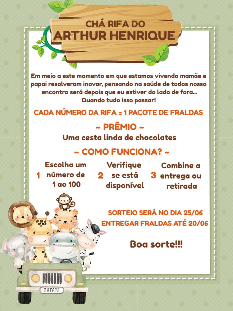 Convite Chá Rifa Safari com Animais Fofos para Editar Online Convite Chá Rifa Safari com Animais Fofos para Editar Online