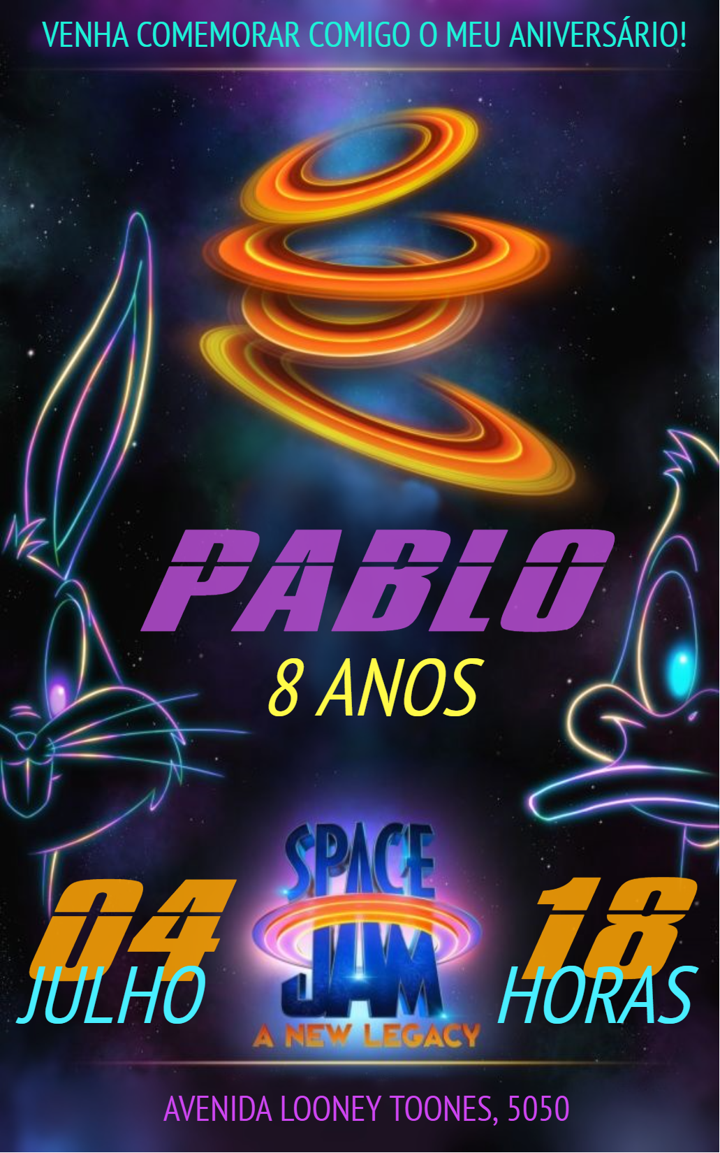 Convite de Aniversário Space Jam com Looney Tunes para Editar Convite de Aniversário Space Jam com Looney Tunes para Editar
