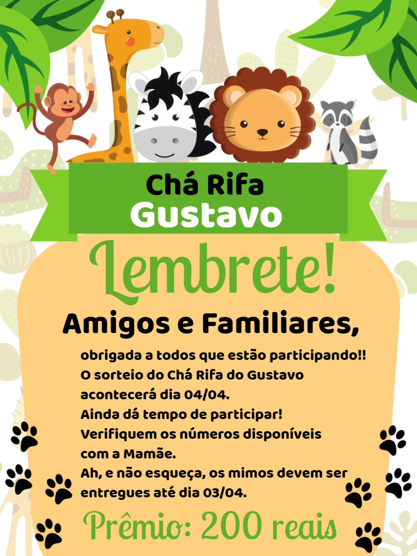Lembrete Chá Rifa Safari com Animais para Editar Online