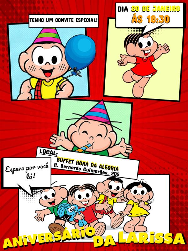 Convite Aniversário Turma da Mônica Quadrinhos para Editar
