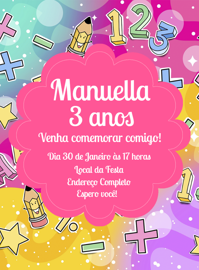 Convite Aniversário Escolar com Números e Lápis para Editar Convite Aniversário Escolar com Números e Lápis para Editar