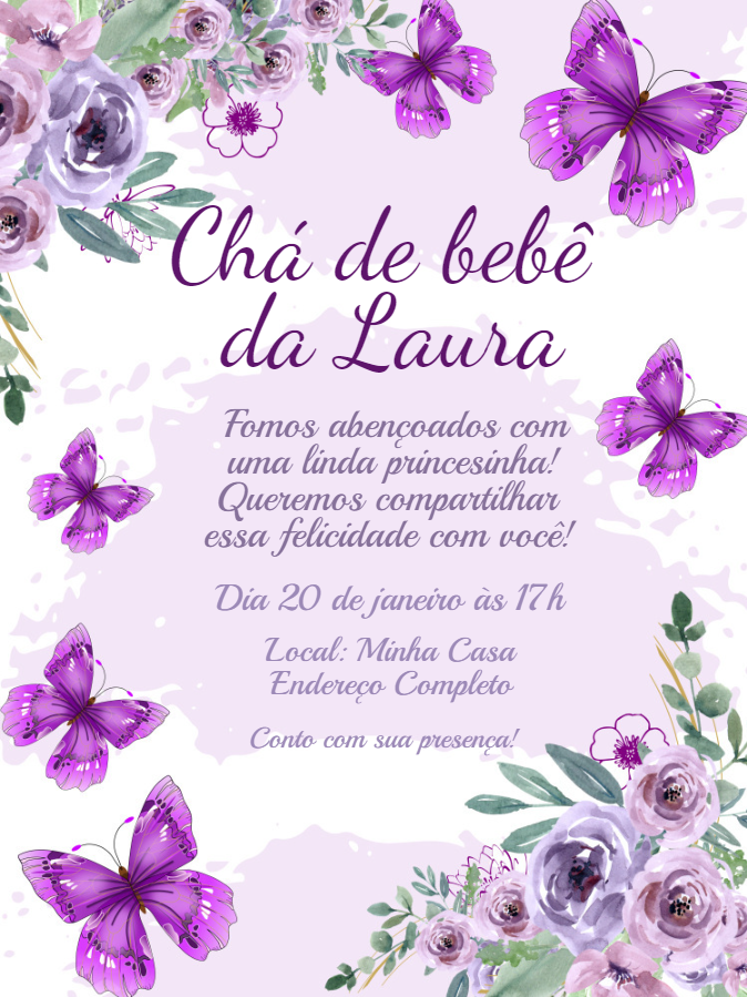 Convite Chá de Bebê Borboletas Lilás para Editar Online Convite Chá de Bebê Borboletas Lilás para Editar Online