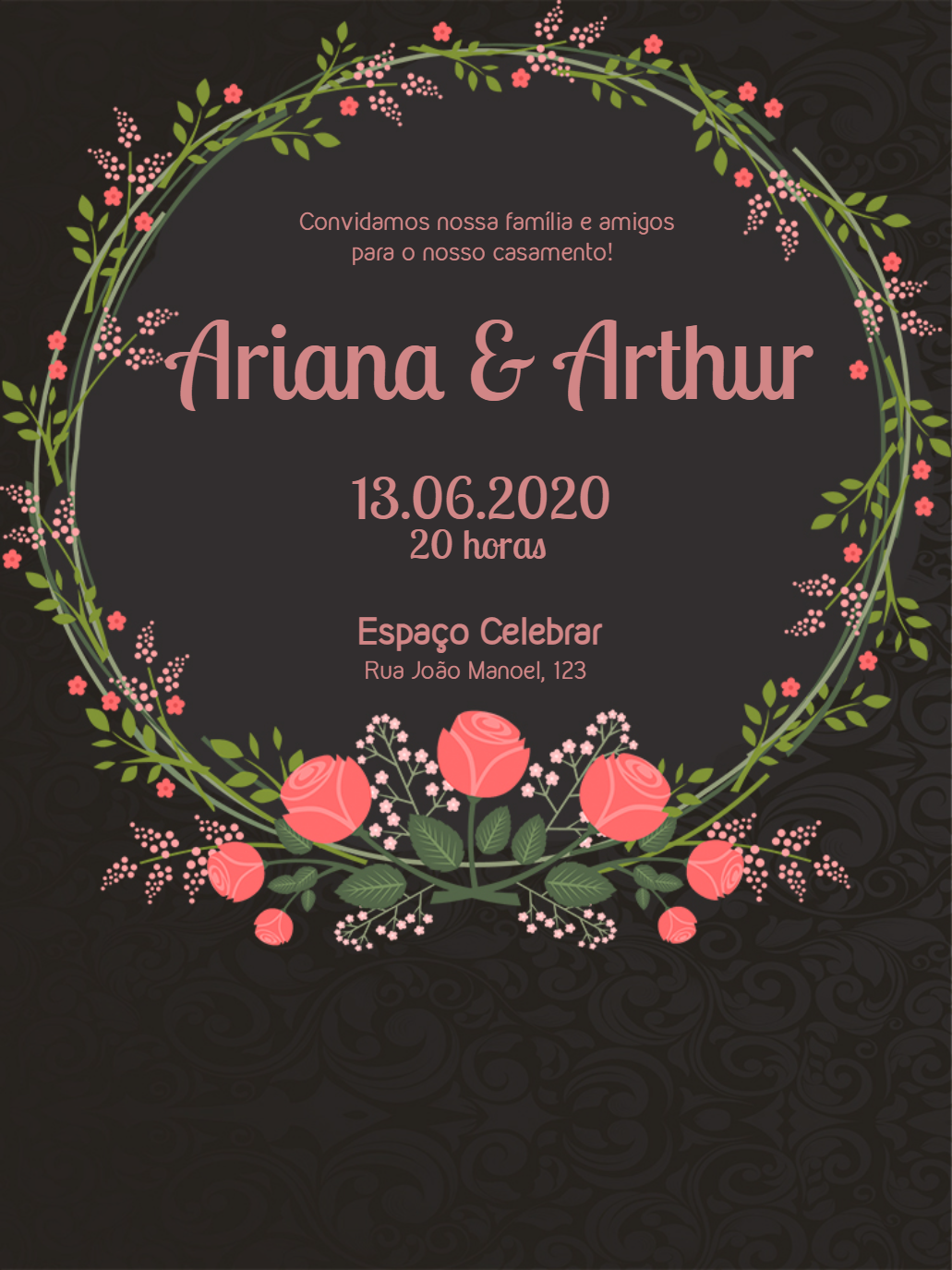 Convite de Casamento Floral Preto e Rosa para Editar Online