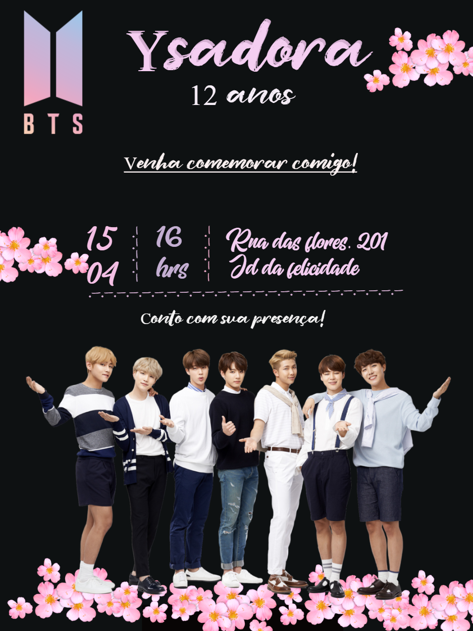 Convite de Aniversário BTS Kpop para Editar Online Convite de Aniversário BTS Kpop para Editar Online