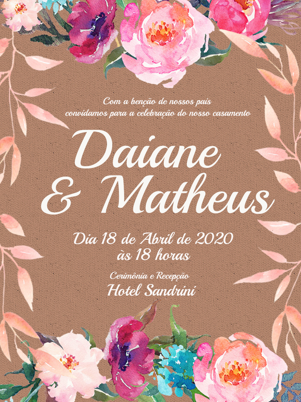 Convite de Casamento Floral Rústico para Editar Online