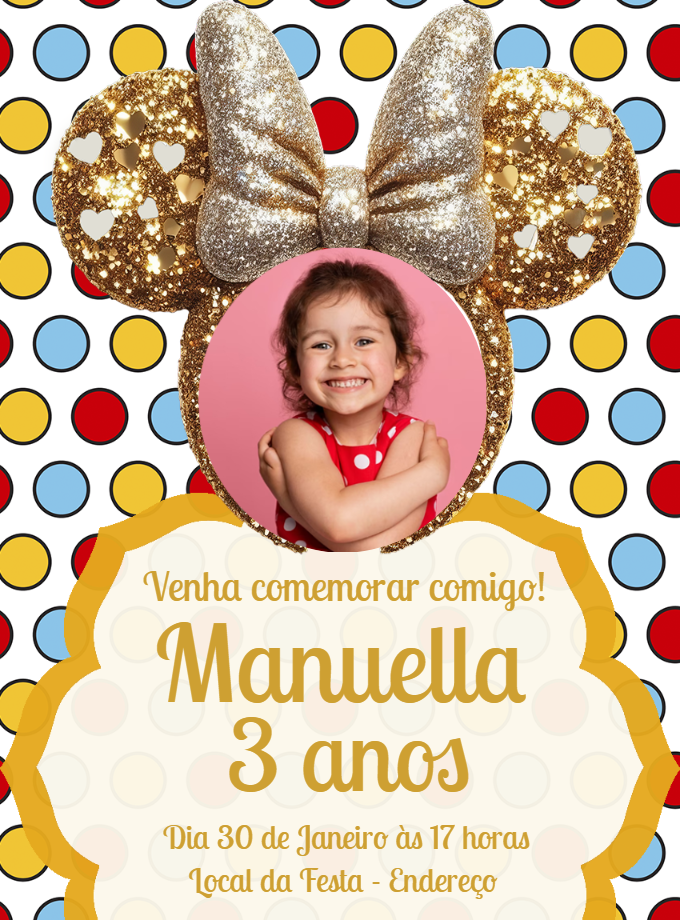 Convite Aniversário Minnie Dourada com Foto para Editar Online Convite Aniversário Minnie Dourada com Foto para Editar Online