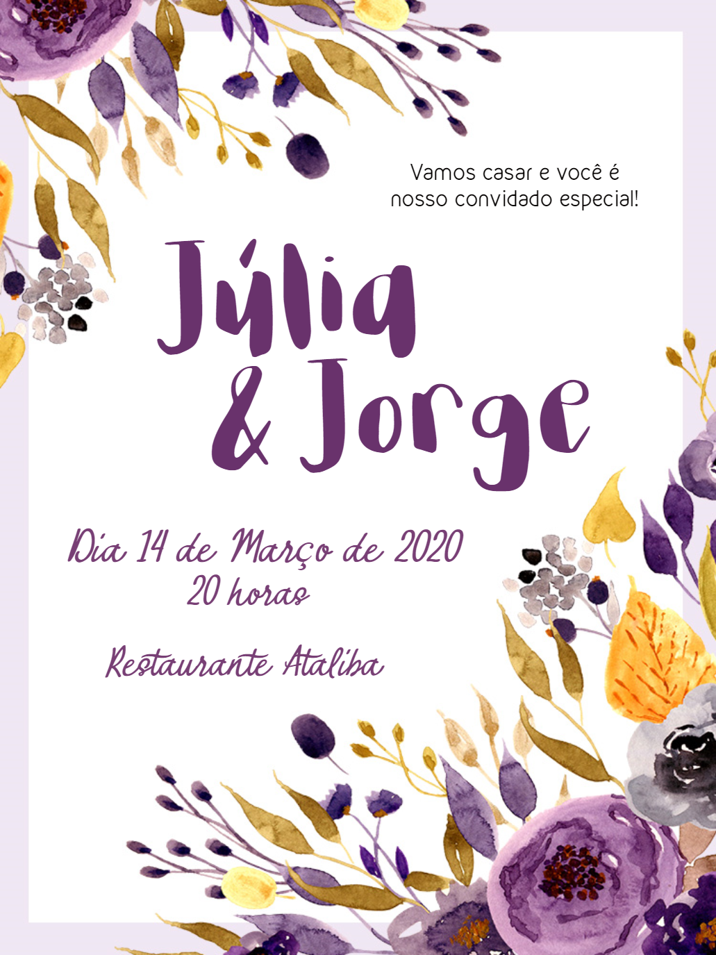 Convite de Casamento Floral Roxo e Amarelo para Editar Online