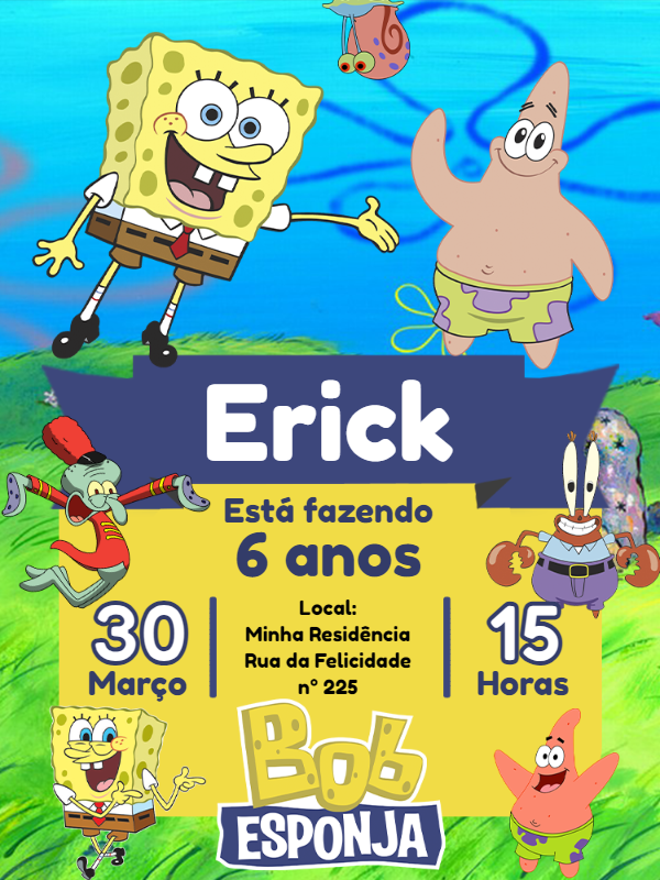 Convite de Aniversário Bob Esponja com a Turma para Editar Online Convite de Aniversário Bob Esponja com a Turma para Editar Online