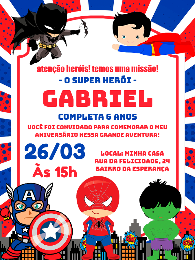 Convite de Aniversário Super Heróis para Editar Online Convite de Aniversário Super Heróis para Editar Online