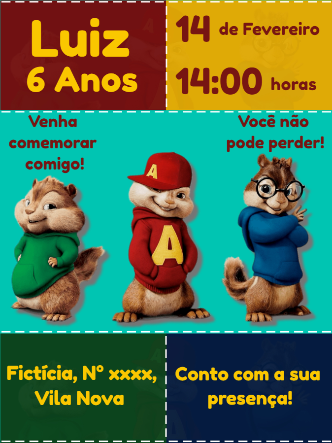 Convite de Aniversário Alvin e os Esquilos para Editar Online Convite de Aniversário Alvin e os Esquilos para Editar Online