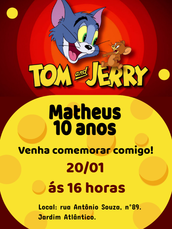 Convite de Aniversário Tom e Jerry para Editar Online