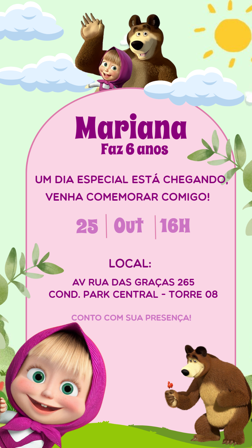 Convite Aniversário Masha e o Urso para Editar Online Convite Aniversário Masha e o Urso para Editar Online