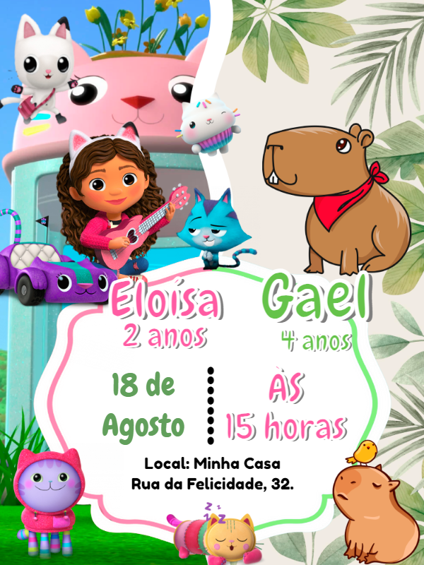 Convite Aniversário Duplo Gabby e Capivara para Editar Convite Aniversário Duplo Gabby e Capivara para Editar