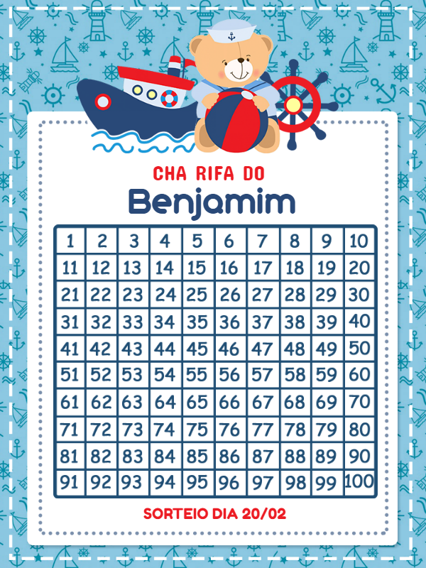 Chá Rifa Ursinho Marinheiro Editável Online para Imprimir
