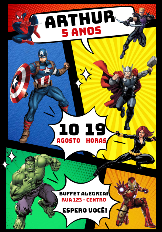 Convite de Aniversário Vingadores Estilo Gibi para Editar Convite de Aniversário Vingadores Estilo Gibi para Editar
