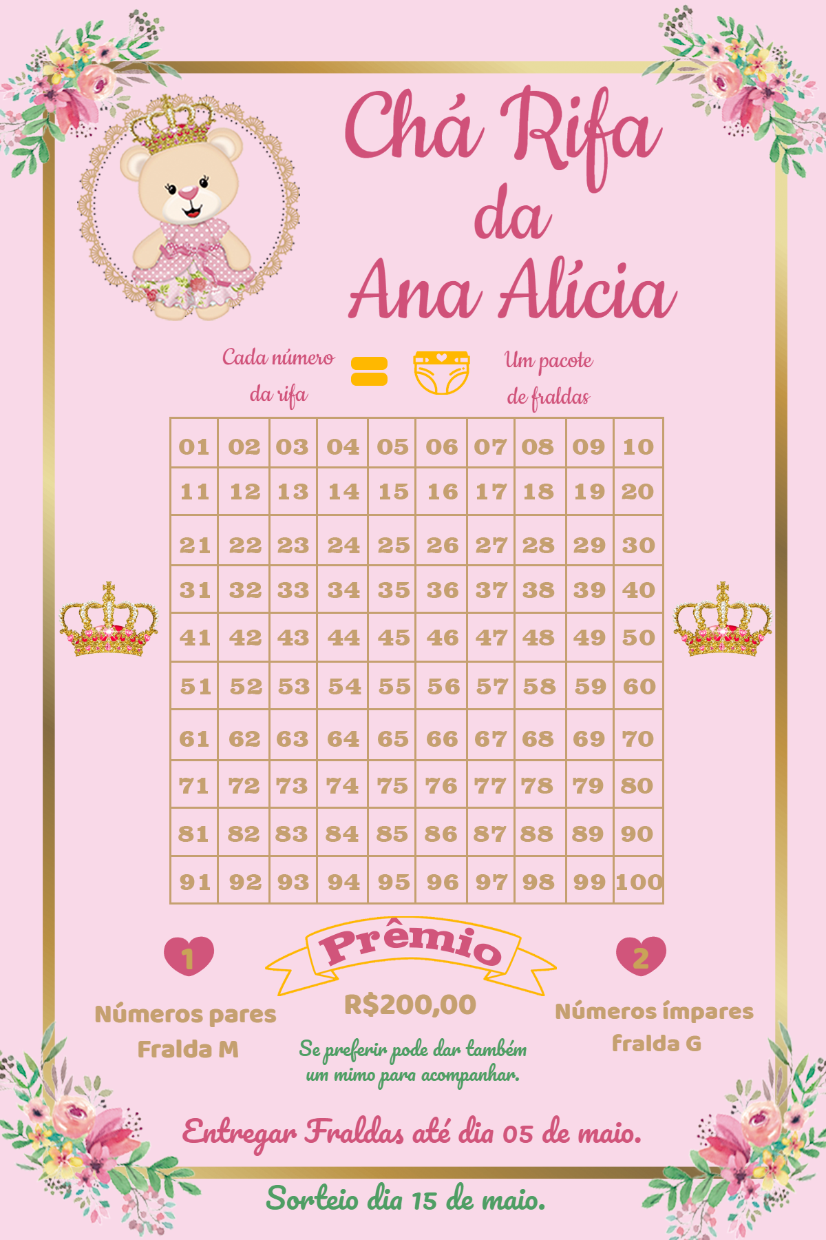 Rifa Chá de Bebê Ursinha Princesa para Editar Online Rifa Chá de Bebê Ursinha Princesa para Editar Online