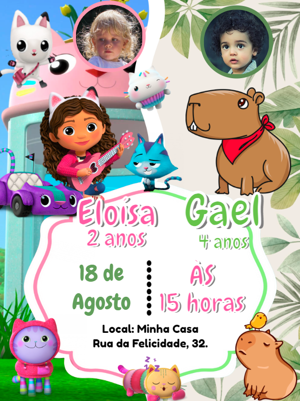 Convite Aniversário Duplo Gabby e Capivara com Foto para Editar Convite Aniversário Duplo Gabby e Capivara com Foto para Editar