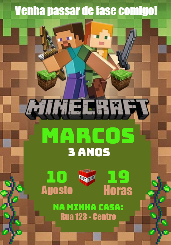 Convite de Aniversário Minecraft com Personagens para Editar Convite de Aniversário Minecraft com Personagens para Editar