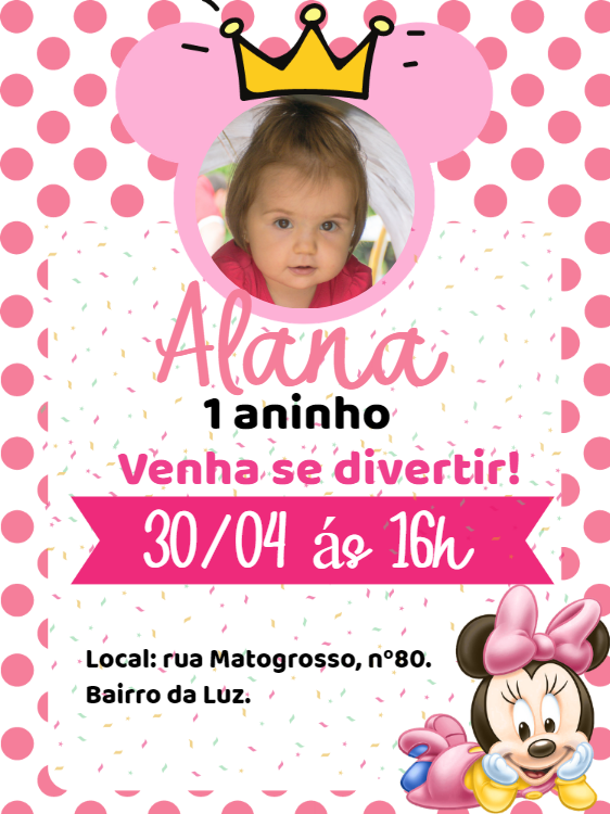 Convite Aniversário Minnie Baby Princesa com Foto para Editar Convite Aniversário Minnie Baby Princesa com Foto para Editar