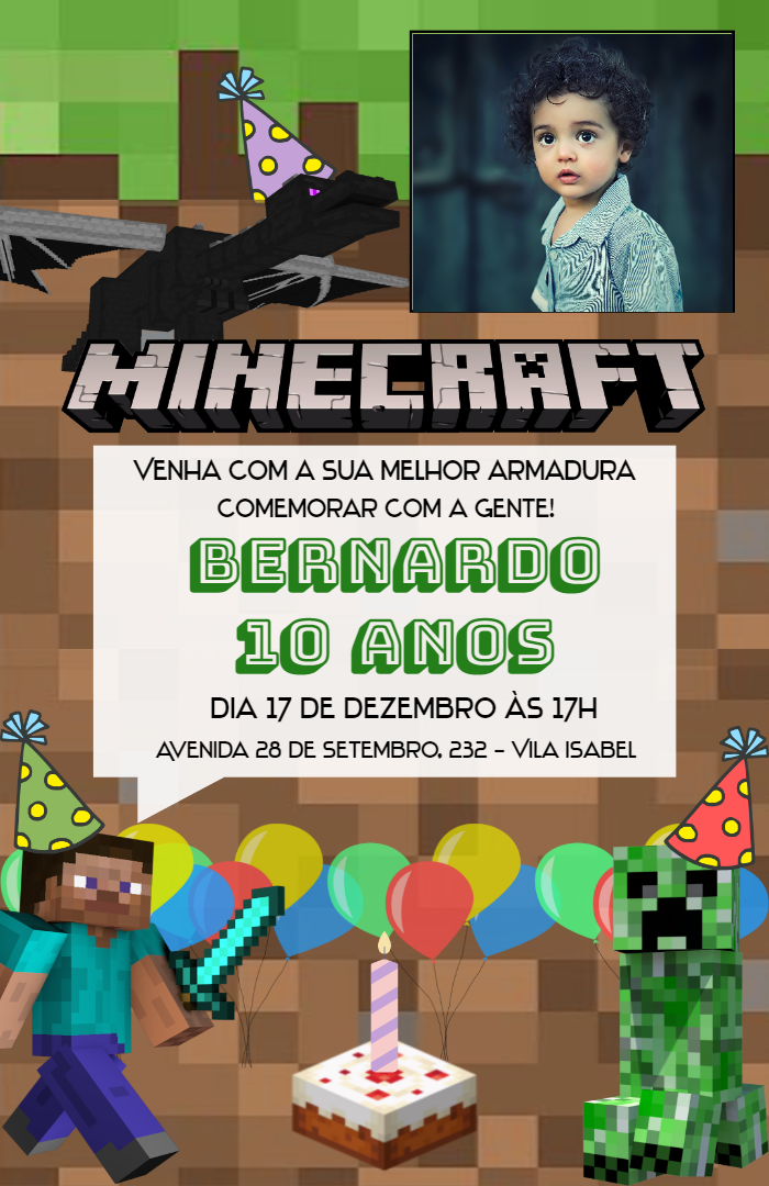 Convite Aniversário Minecraft com Foto para Editar Online Convite Aniversário Minecraft com Foto para Editar Online
