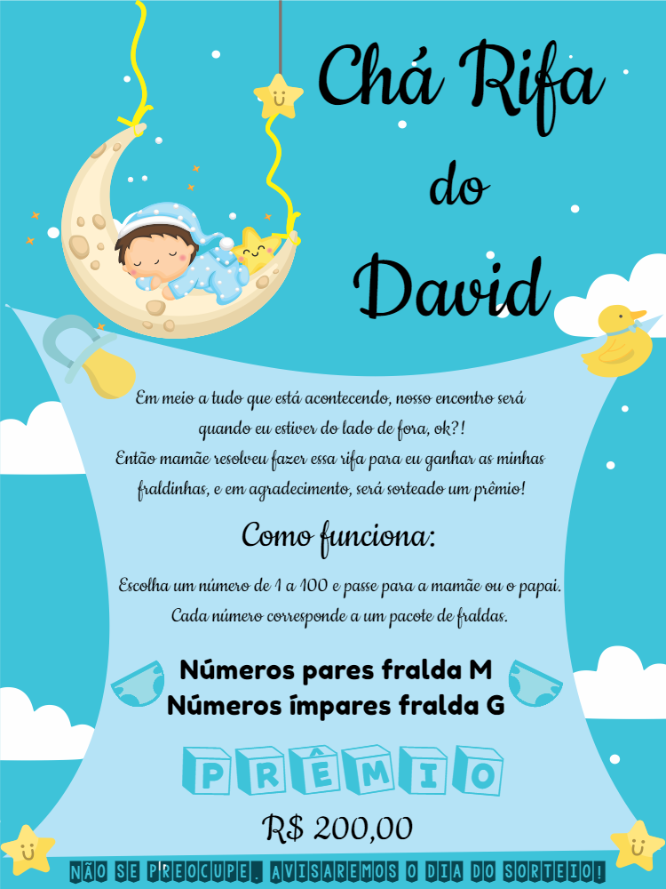 Convite Chá Rifa Menino Lua e Estrelas para Editar Online Convite Chá Rifa Menino Lua e Estrelas para Editar Online