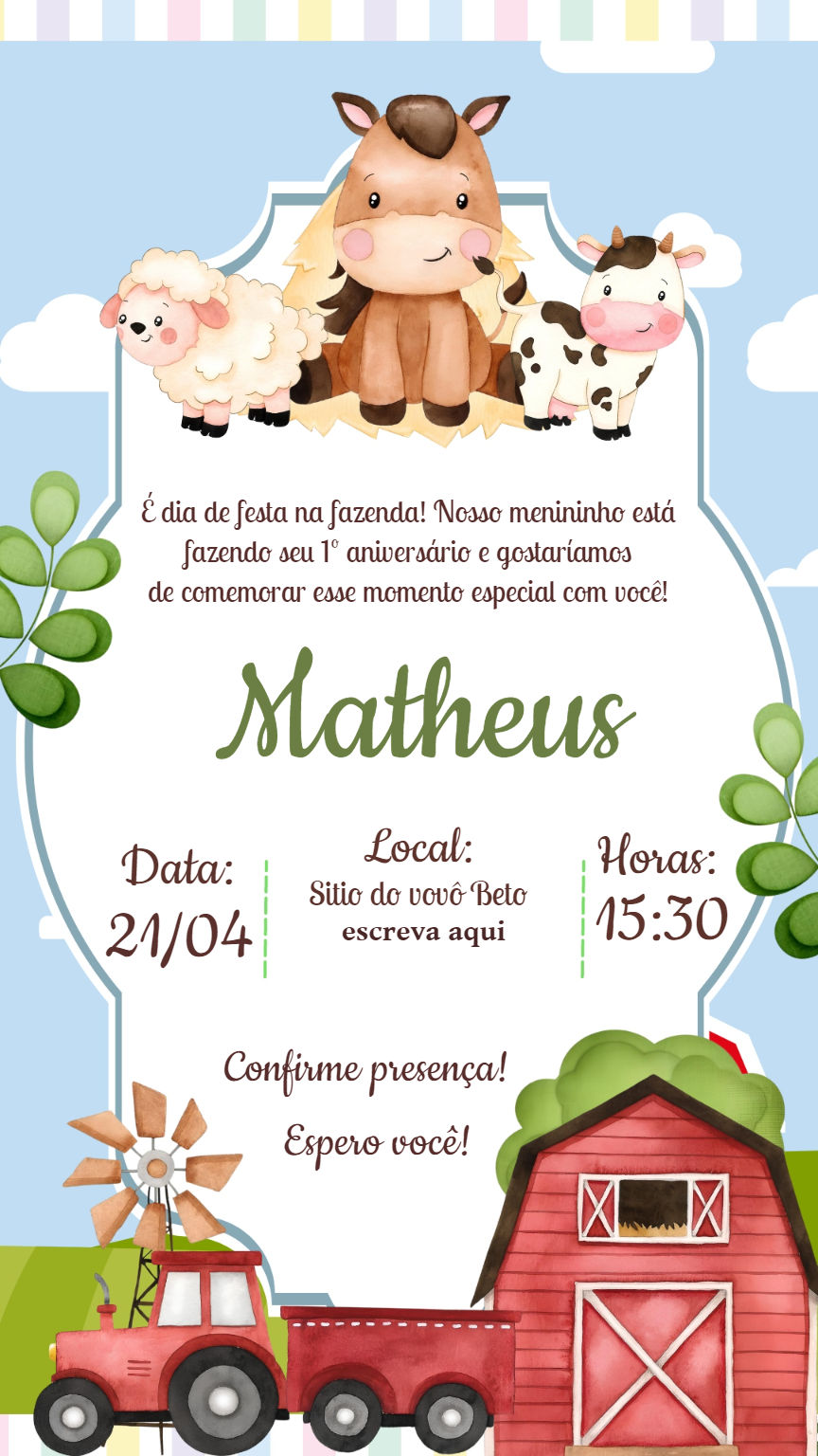 Convite Aniversário Fazendinha com Animais para Editar Convite Aniversário Fazendinha com Animais para Editar