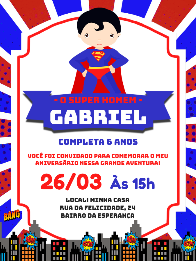 Convite Super Homem para Aniversário Infantil Editável Convite Super Homem para Aniversário Infantil Editável