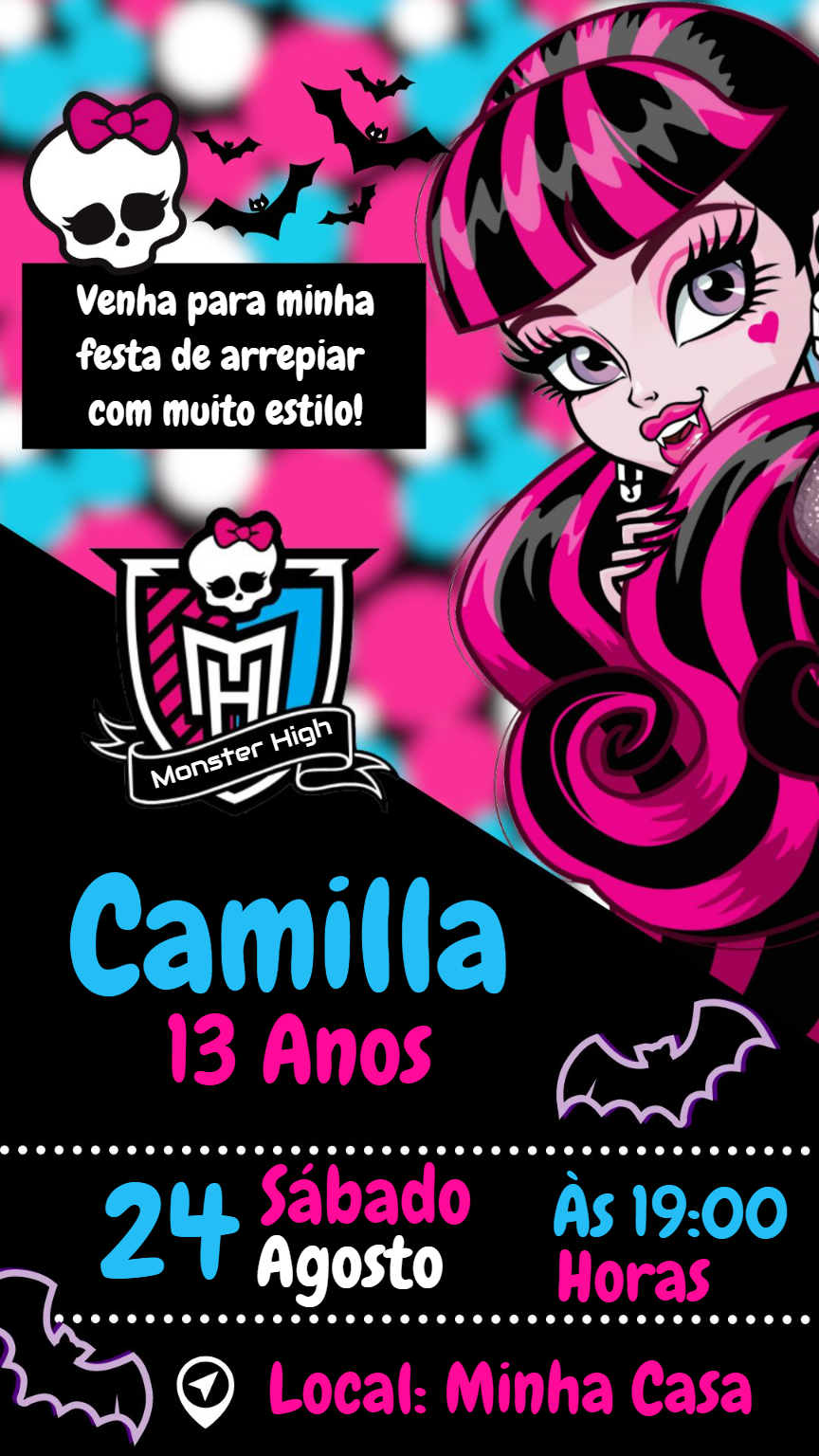 Convite de Aniversário Monster High para Editar Online Convite de Aniversário Monster High para Editar Online