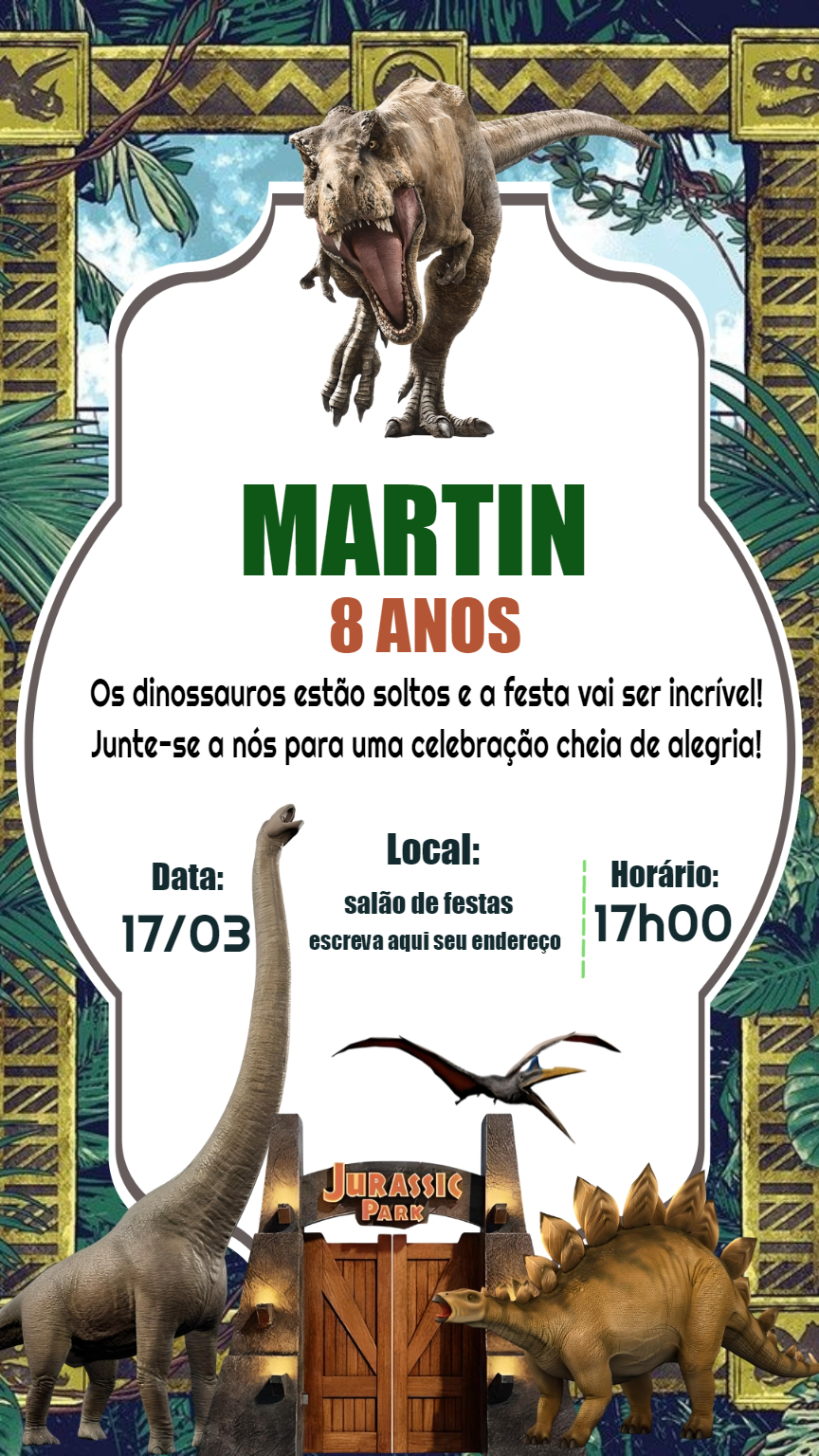 Convite de Aniversário Dinossauro Jurassic Park para Editar Convite de Aniversário Dinossauro Jurassic Park para Editar