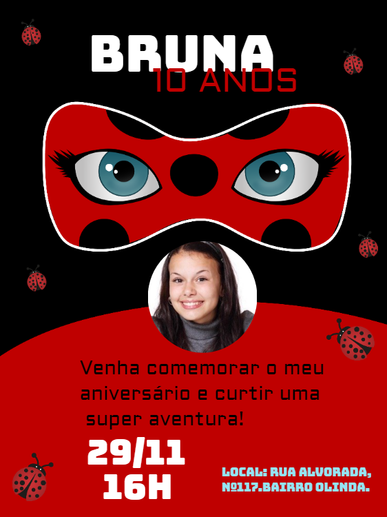 Convite Aniversário Ladybug Miraculous com Foto para Editar