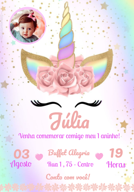 Convite Aniversário Unicórnio com Foto para Editar Online Convite Aniversário Unicórnio com Foto para Editar Online