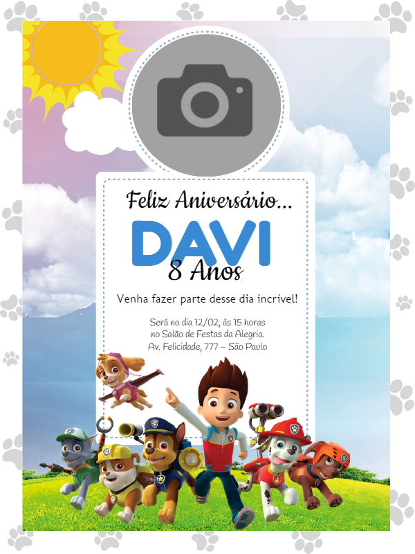 Convite Aniversário Patrulha Canina com Foto para Editar Convite Aniversário Patrulha Canina com Foto para Editar
