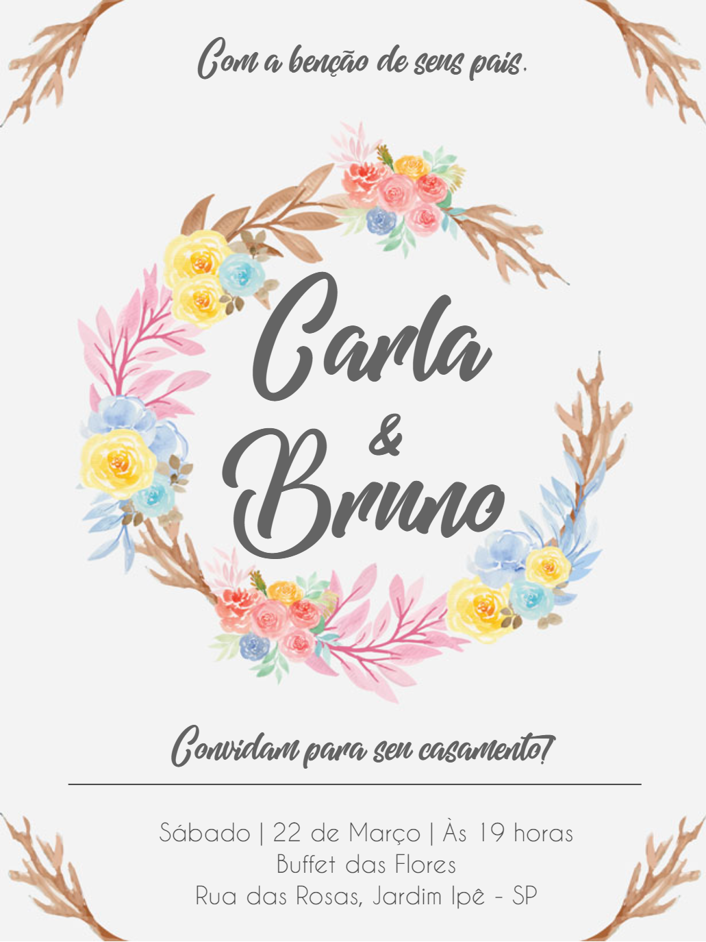 Convite de Casamento Floral Aquarela para Editar Online Convite de Casamento Floral Aquarela para Editar Online