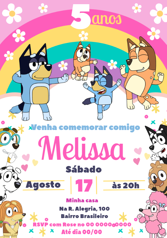 Convite Aniversário Bluey e sua Turma para Editar Online Convite Aniversário Bluey e sua Turma para Editar Online