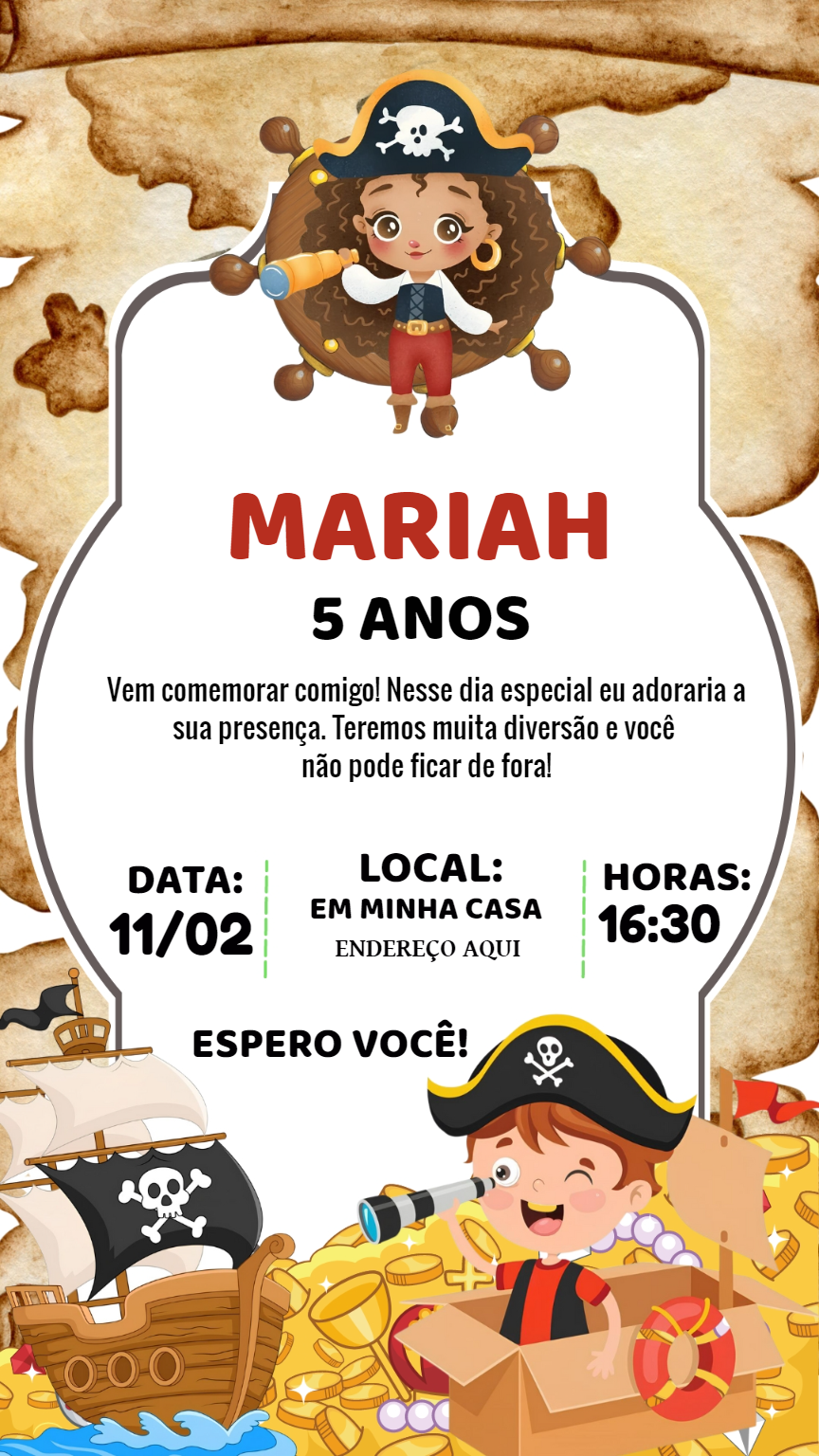 Convite de Aniversário Pirata Menina e Menino para Editar Online Convite de Aniversário Pirata Menina e Menino para Editar Online