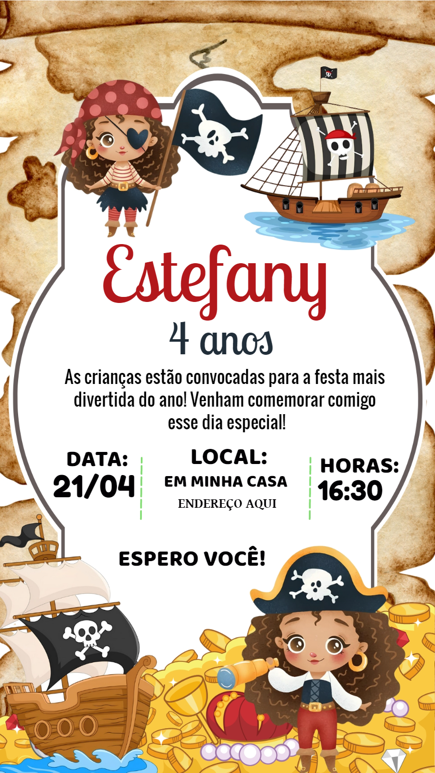 Convite Aniversário Pirata Menina para Editar Online Convite Aniversário Pirata Menina para Editar Online