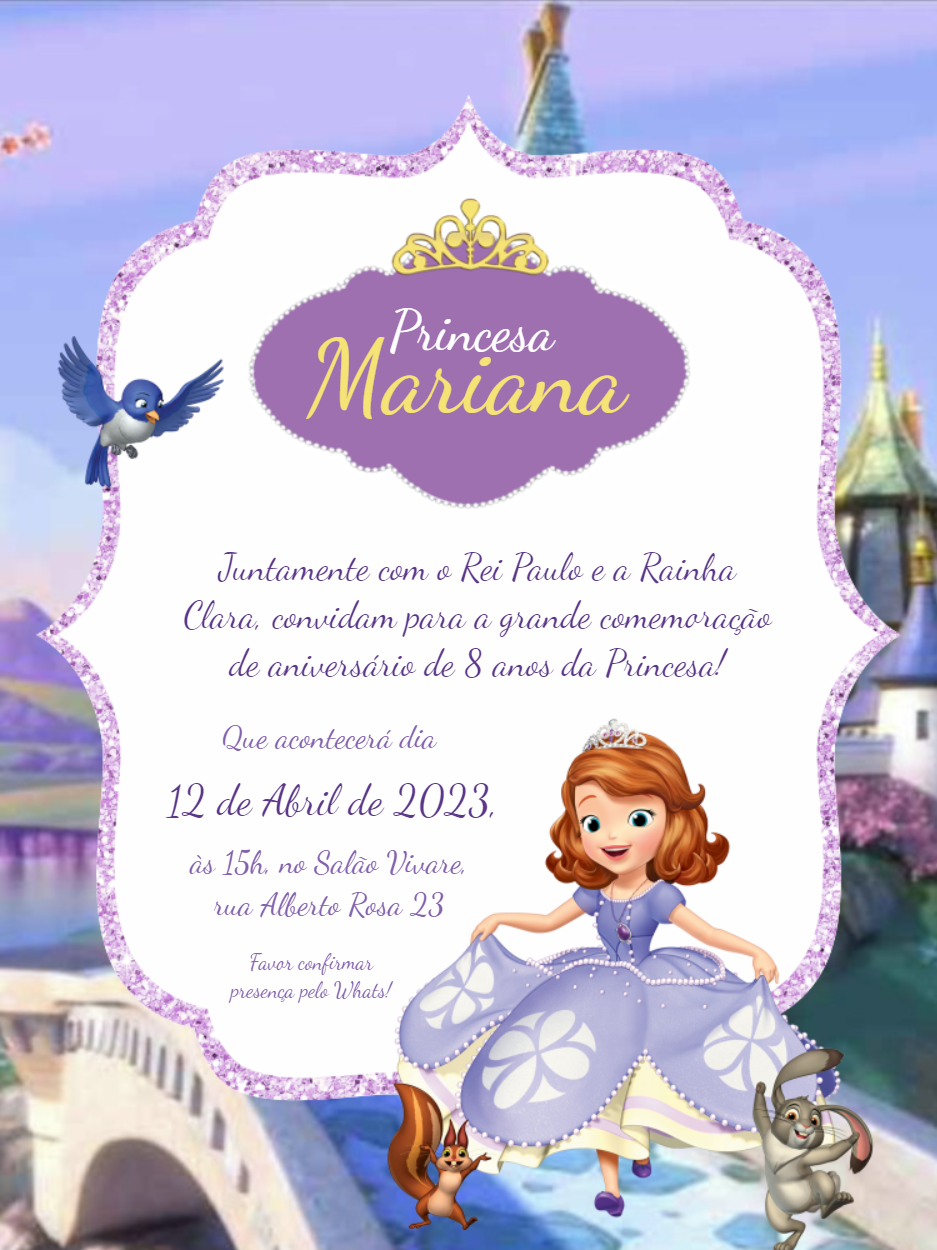 Convite de Aniversário Princesinha Sofia para Editar Online Convite de Aniversário Princesinha Sofia para Editar Online
