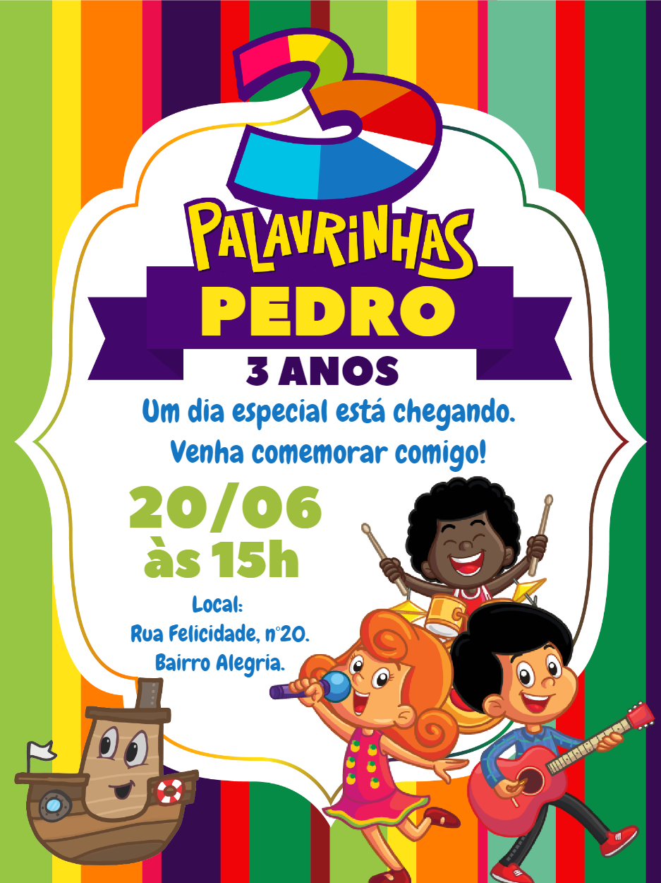 Convite Aniversário 3 Palavrinhas com Personagens para Editar Convite Aniversário 3 Palavrinhas com Personagens para Editar