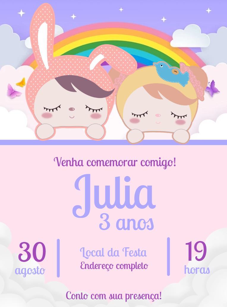 Convite Aniversário Bonecas Metoo para Editar Online Convite Aniversário Bonecas Metoo para Editar Online