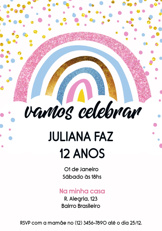 Convite Aniversário Arco-Íris com Glitter para Editar Online Convite Aniversário Arco-Íris com Glitter para Editar Online